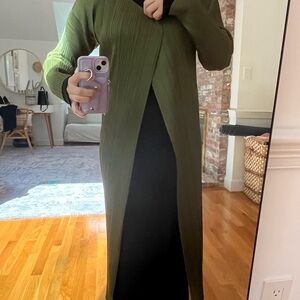 Issey Miyake Olive Green Long Pleated Cardigan with Black Inner Panel